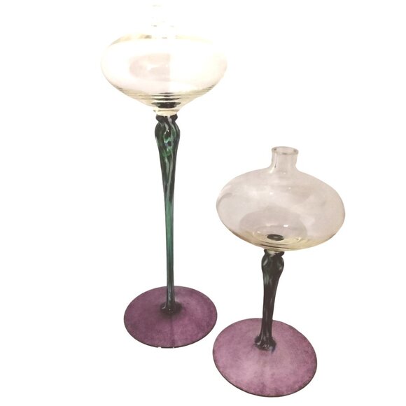 Handcrafted Glass Oil Candles Purple Base Green Swirled Stem Tall Pair - Picture 5 of 8